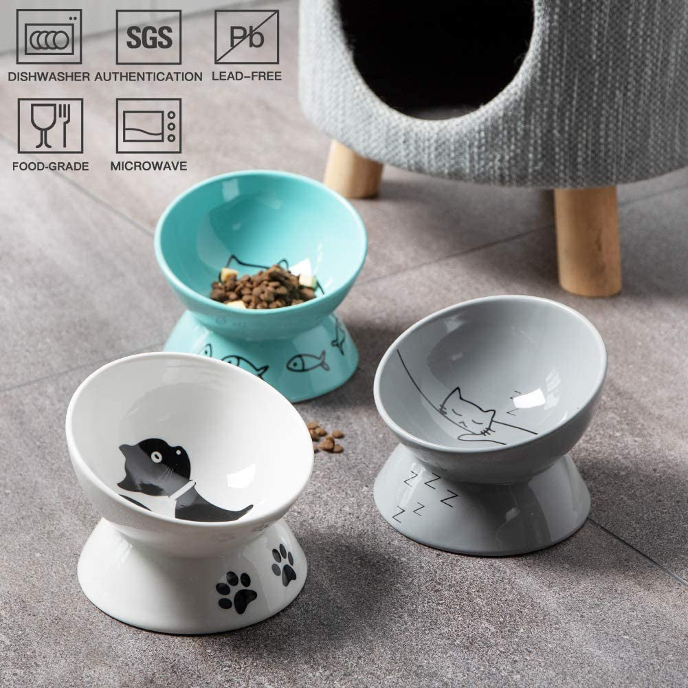 Elevated Ceramic Cat Bowls - Slanted Design for Stress-Free Eating & Drinking, Protects Cat's Spine (Gray)