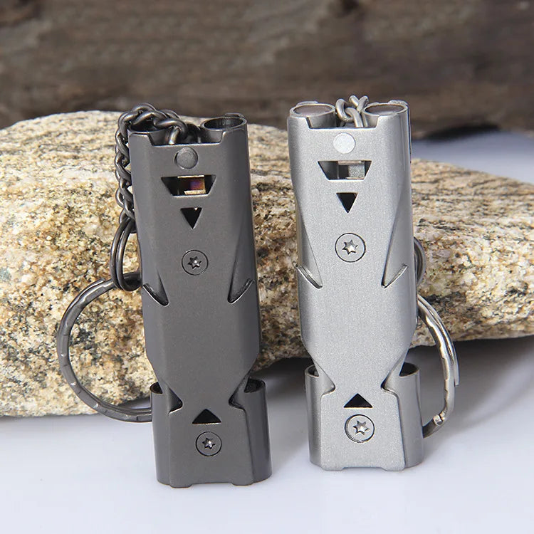 High-Decibel Outdoor Survival Whistle with Keychain, Stainless Steel Double-Tube Design, Multi-Functional Emergency Tool