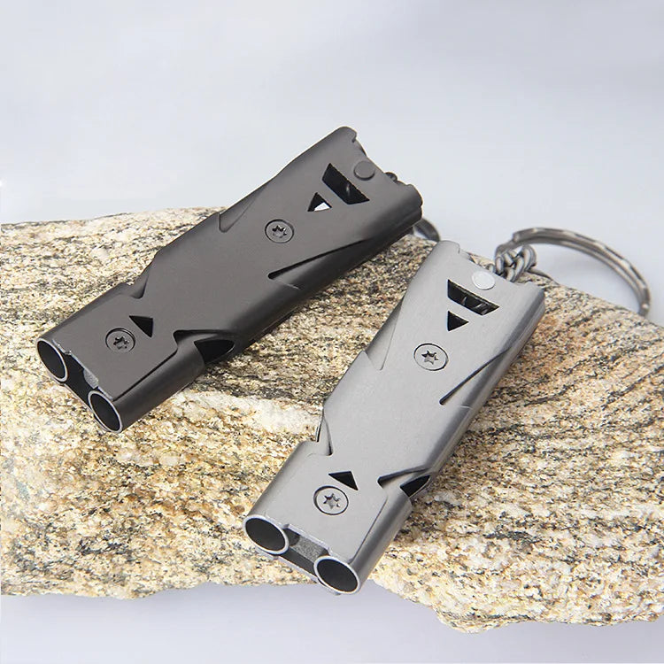 High-Decibel Outdoor Survival Whistle with Keychain, Stainless Steel Double-Tube Design, Multi-Functional Emergency Tool