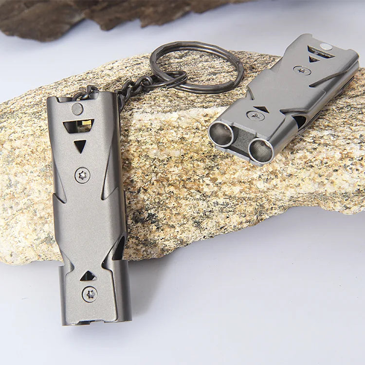 High-Decibel Outdoor Survival Whistle with Keychain, Stainless Steel Double-Tube Design, Multi-Functional Emergency Tool