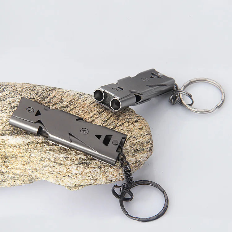 High-Decibel Outdoor Survival Whistle with Keychain, Stainless Steel Double-Tube Design, Multi-Functional Emergency Tool