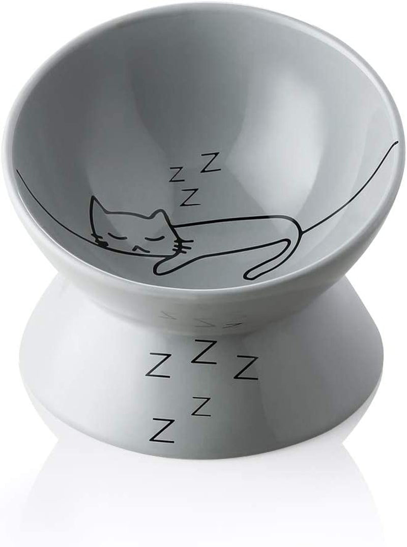 Elevated Ceramic Cat Bowls - Slanted Design for Stress-Free Eating & Drinking, Protects Cat's Spine (Gray)